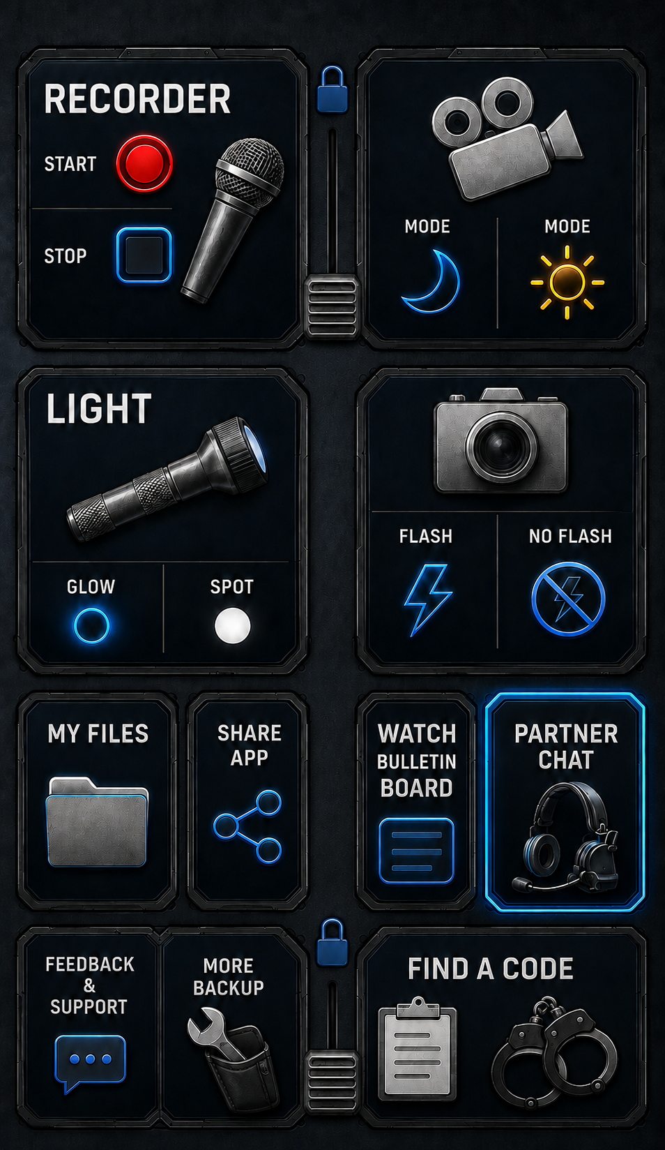 Badge BackUP home screen design with audio, photos, video, field notes and partner tools